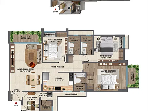 3 BHK + Study Apartment