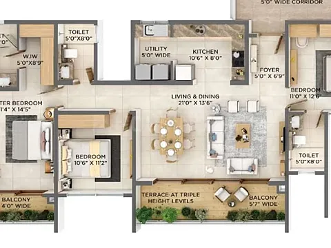 3 BHK Apartment with Private Terraces & 1 Utility Area